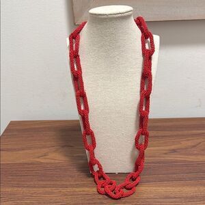 NWOT Bright Red Seed Pearl Elongated Paperclip 34 inch Necklace.